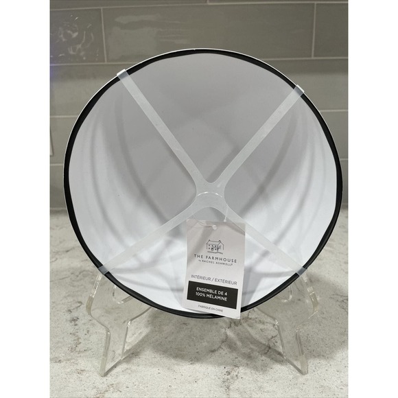 Set 4 MATTE WHITE BLACK RIM Melamine 7.25x3” Salad Bowls Farmhouse Ashwell NEW - Picture 1 of 5